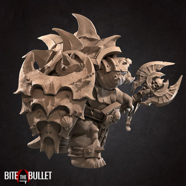 Anthropomorphic turtle barbarian with an axe and shield. Resin miniature by Bite the Bullet.