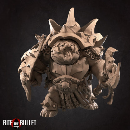 Anthropomorphic turtle barbarian with an axe and shield. Resin miniature by Bite the Bullet.
