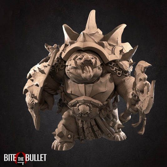 Anthropomorphic turtle barbarian with an axe and shield. Resin miniature by Bite the Bullet.