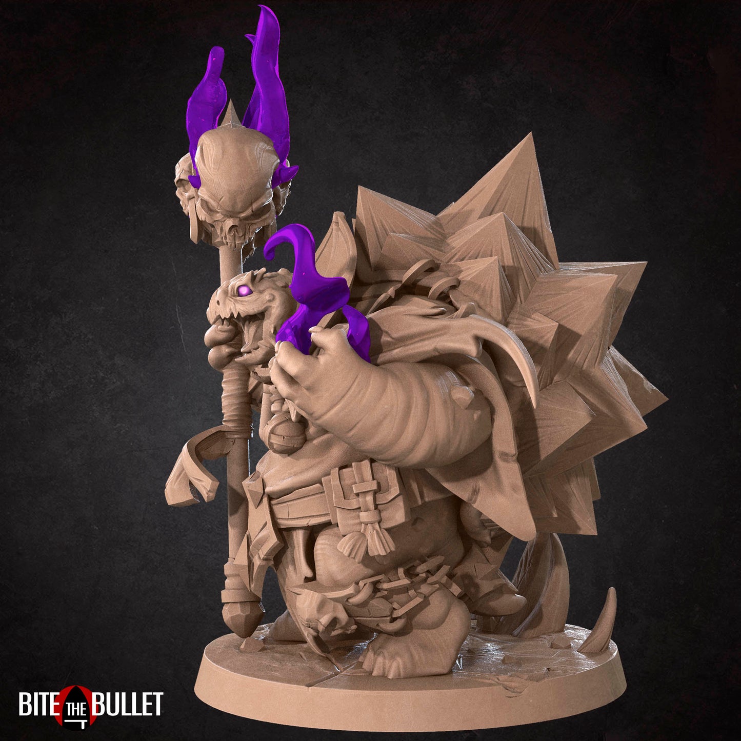 Anthropomorphic turtle warlock with a skull hammer and spell effect. Resin miniature by Bite the Bullet.