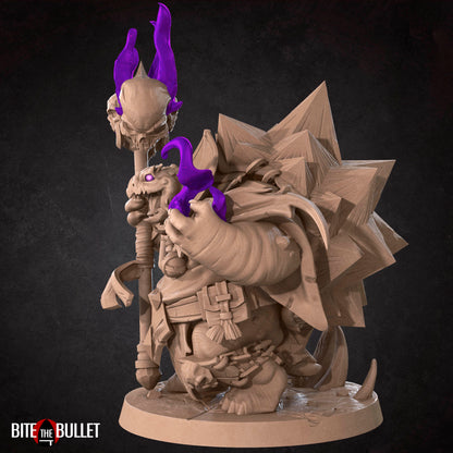 Anthropomorphic turtle warlock with a skull hammer and spell effect. Resin miniature by Bite the Bullet.