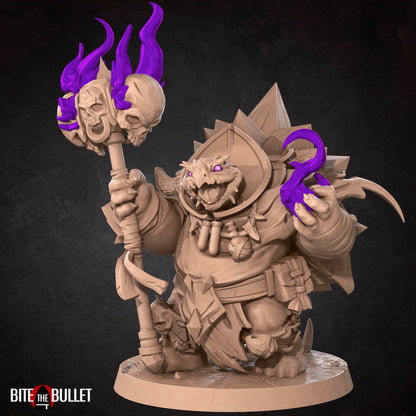 Anthropomorphic turtle warlock with a skull hammer and spell effect. Resin miniature by Bite the Bullet.