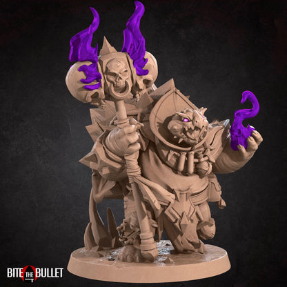 Anthropomorphic turtle warlock with a skull hammer and spell effect. Resin miniature by Bite the Bullet.