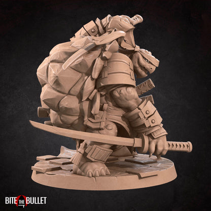 Anthropomorphic turtle ninja with a headband, wielding dual katanas. Resin miniature by Bite the Bullet.
