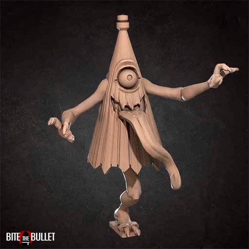 Kasa-Obake (umbrella-shaped yokai with one eye, one leg, two arms and a long tongue). Resin miniature by Bite the Bullet.